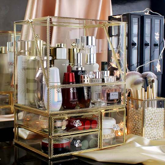 Extra Large Glass Cosmetics Storage Box Desktop Dustproof with Lid Transparent Lipstick Skin Care Jewelry Storage Rack