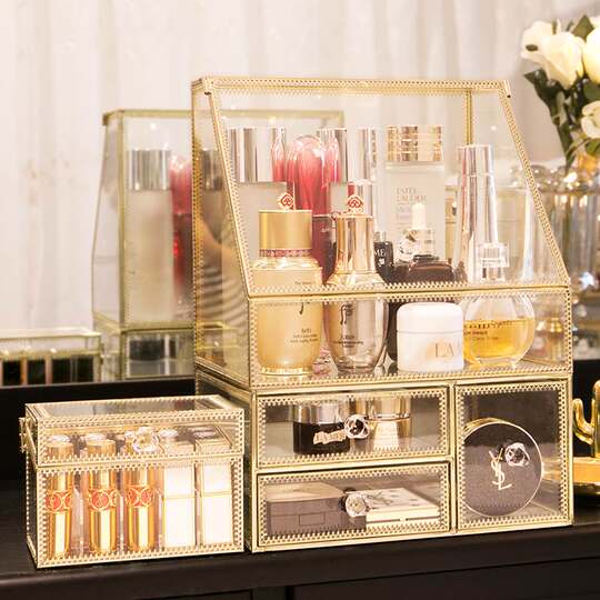 Internet-Famous Glass Cosmetics Storage Box for Lipstick and Jewelry, Home Desktop Vanity Large-Capacity Dust-Proof Organizer