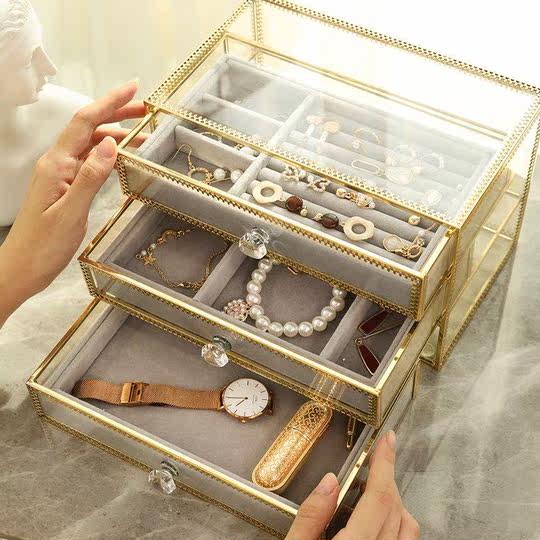 Vintage Glass Jewelry Storage Box Dustproof Style with Gold Edge for Organizing Earrings, Rings, and Jewelry Accessories