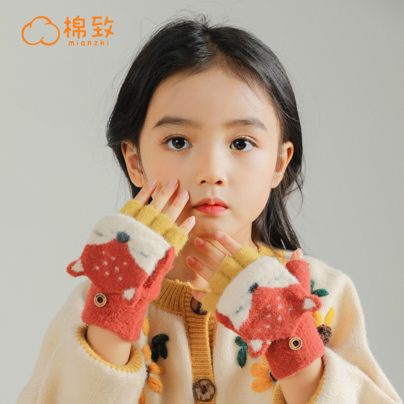 綿の子供用手袋冬の女の子フリップカバー小中学生書き込み女の赤ちゃんかわいいと暖かい 2024 新しいスタイル