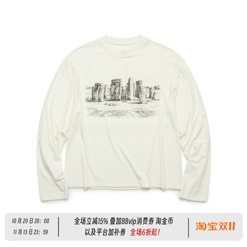 Newdecay Tencel Wool Stonehenge Site Print Long Sleeve T-Shirt Casual Top for Men and Women