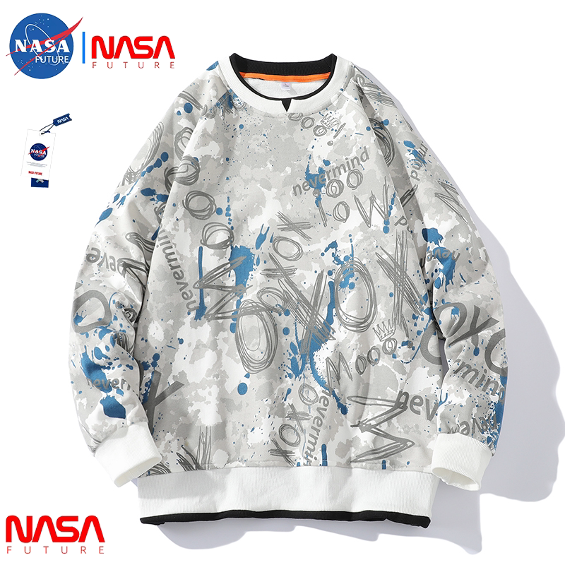 NASA trendy brand joint personalized graffiti sweater 2022 autumn young men's loose casual fake two-piece top