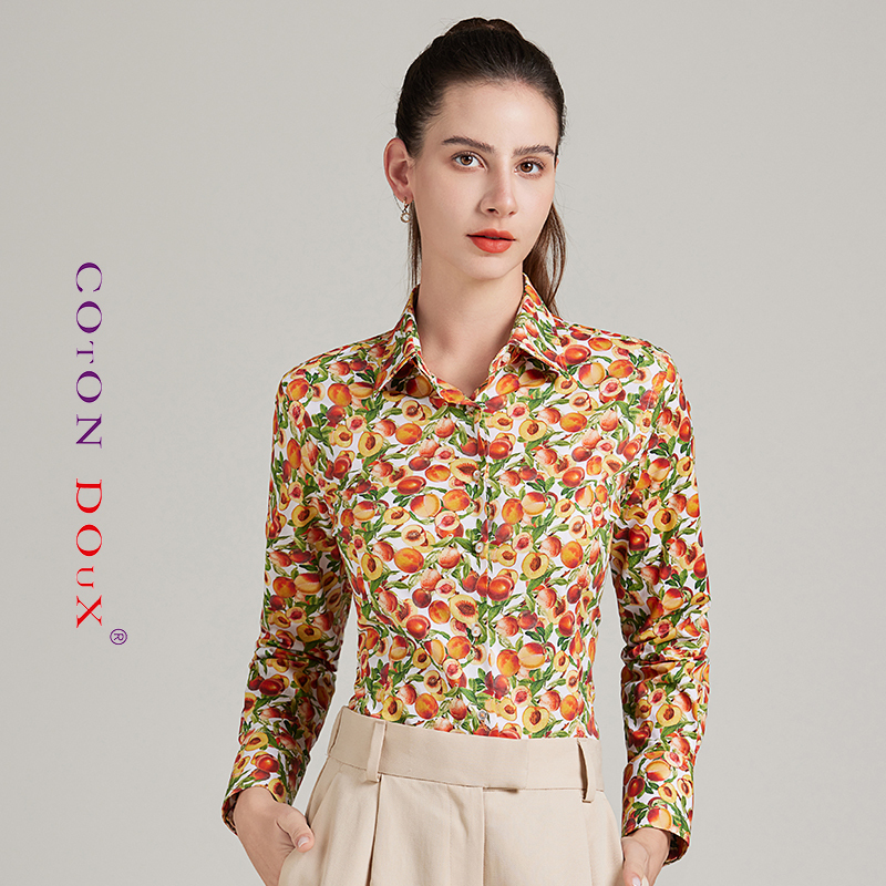 Cotondoux Guodu丨High-End French-Style Printed Shirt, Long-Sleeved Top, Women's Design, Niche Lapel