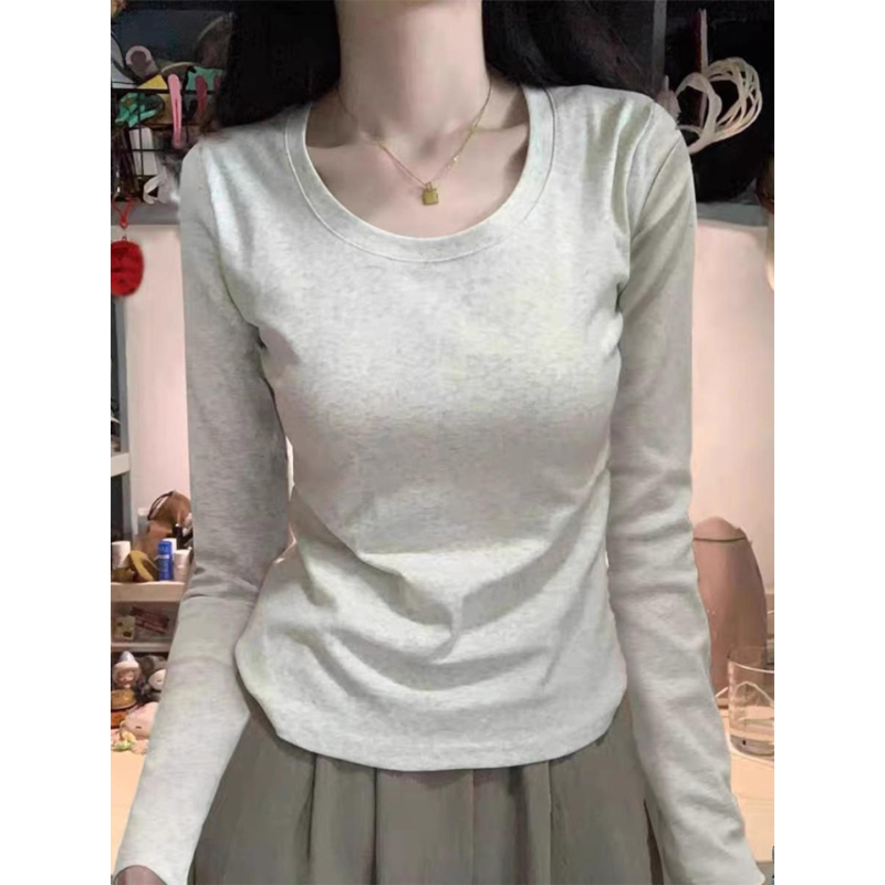 Pure Cotton Round Neck Long-Sleeve T-Shirt for Women, 2026 Autumn and Winter New Slim-Fit Inner Wear U-Neck Gray Base Shirt Top Pure Cotton Round Neck Long-Sleeve T-Shirt for Women, 2026 Autumn and Winter New Slim-Fit Inner Wear U-Neck Gray Base Shirt Top
