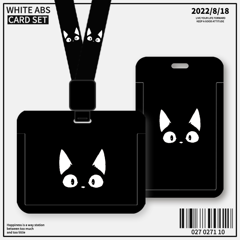 パーソナライズされたシンプルな黒の小さな黒猫カードセット、仕事用IDカードセット、学生カード、食事カード、バス交通カード、キャンパスカードパッケージ、半透明の従業員カード、勤務番号プレート、工場ブランド、ナースバッジ、ストラップ、伸縮ロープ。