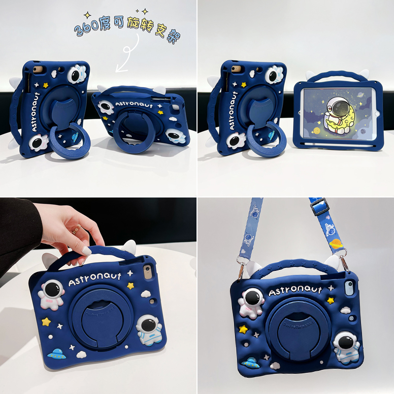 Expandable 3D Astronaut-Themed 360-Degree Rotating iPad 11 Protective Case with Pen Slot, Silicone Mini 7 Cartoon Pro 12.9 Full-Cover 10.2 12Th Generation Tablet 9.7 Soft Case