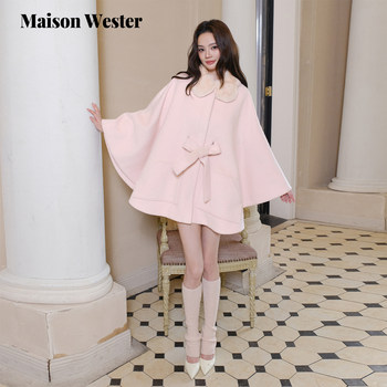 Maison Wester2025冬季新品千金风斗衣甜美粉色毛领A型毛呢外套