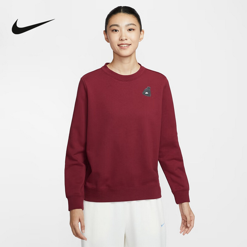 Nike Women's Deep Red Round Neck Sweatshirt Thick Terry Knit Sports Pullover Io7829-677 Nike Women's Deep Red Round Neck Sweatshirt Thick Terry Knit Sports Pullover Io7829-677