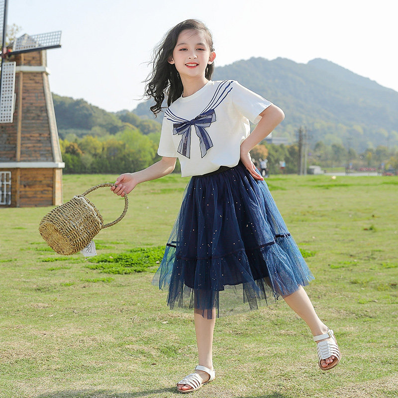 Summer girls' two-piece suit 2022 new middle-aged children's little girls Western style fashion summer short-sleeved princess dress