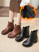 Genuine leather plus velvet warm mothers shoes cotton shoes thick heel non-slip soft sole middle-aged snow boots middle-aged and elderly short boots winter
