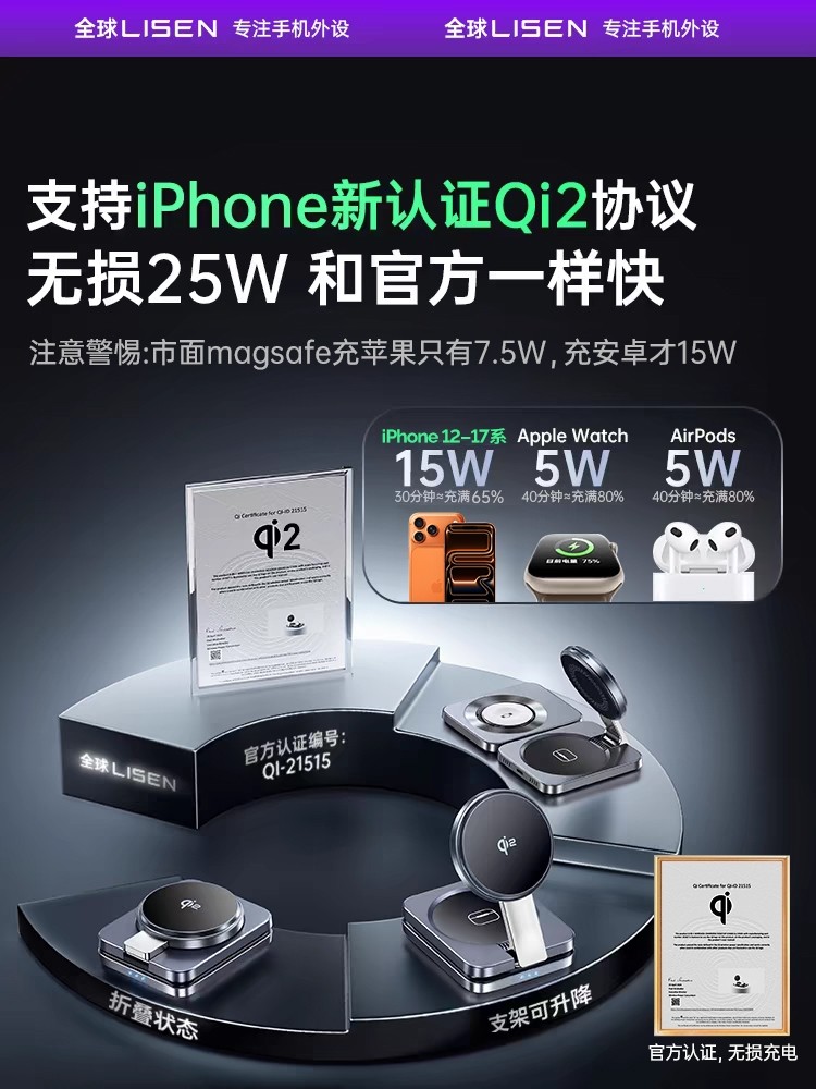 Qi2 Certified]Suitable for Apple 17, Huawei Three-In-One Wireless Charger Cable Stand, Magsafe Magnetic Qi2 Portable iPhone 16 in One Fast Charging Dock Set for Mobile Phones, Watches, and Earphones