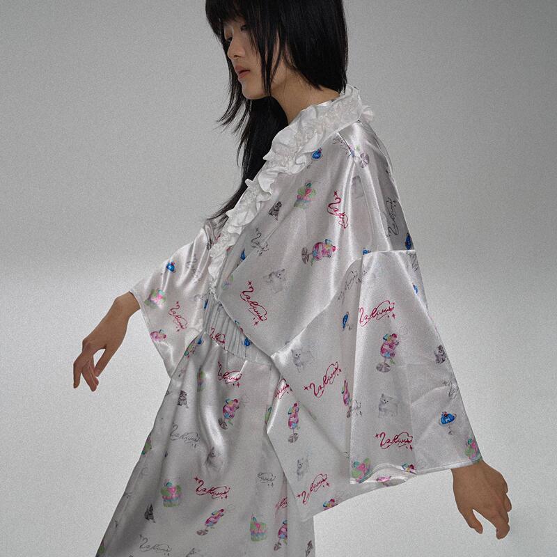 Wasabi Japanese-Style Kimono Print Loungewear Long Nightgown Wide-Sleeved Pajamas Women's Dressing Gown Wasabi Japanese-Style Kimono Print Loungewear Long Nightgown Wide-Sleeved Pajamas Women's Dressing Gown