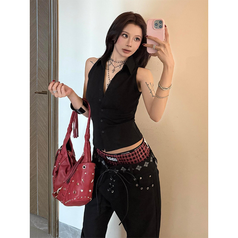 Black polo collar halter neck vest for women, summer style, alluring, fitted waist, sleeveless, slimming, American-style top.