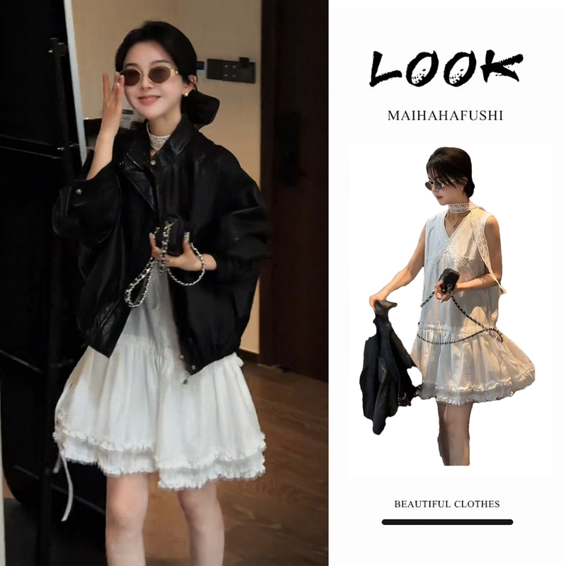 Plus-Size Women's Stunning Suit Dress for Spring, with a High-End Feel, Black Jacket Paired with a Sleeveless White Dress with Ribbons