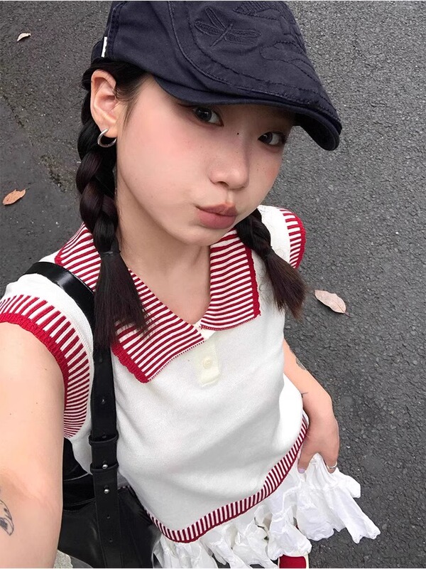 2026 Korean Style Color-Blocked Lapel Sleeveless Top Niche Retro Polo Collar Knitwear Thin Short-Sleeved T-Shirt for Women