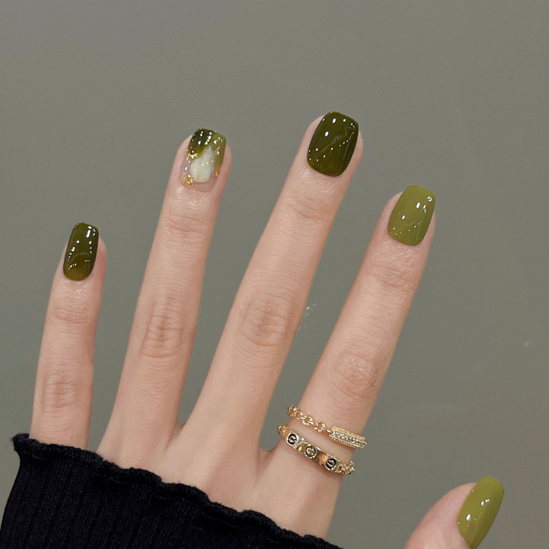Handmade Short Summer Forest Color Nail Art That Makes Skin Look Fairer, Mint Matcha Dark Green Nail Stickers