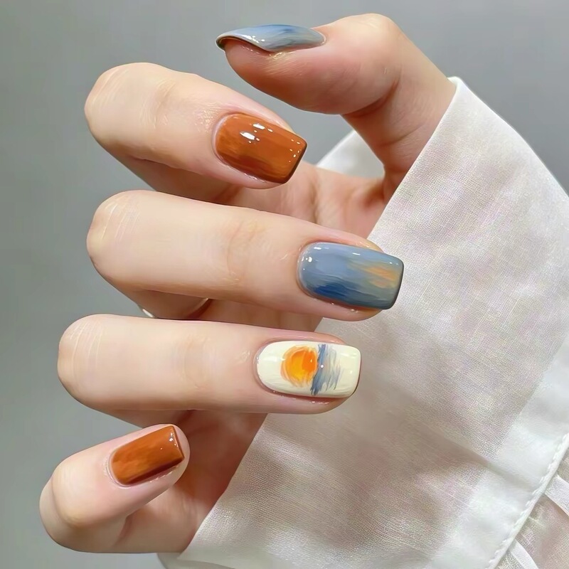 Autumn and Winter Sunset Orange Sea Wearable Nails, Short Hand-Painted Fake Nails That Make the Skin Look Fairer, Blue-Brown Gradient Color-Blocking Atmospheric Nail Art