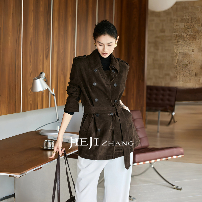Zhang Qi Jieji Zhang Autumn Vintage Brown Leather Coat Cashmere Waist-Tightening Trench Coat with Laces Genuine Leather Jacket