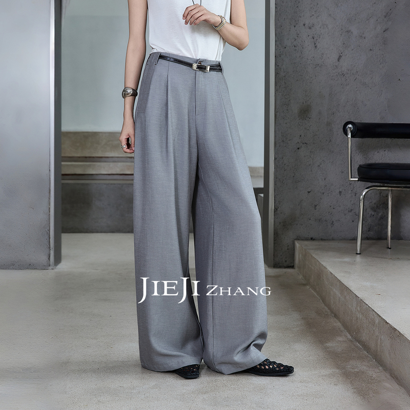 Zhang Qi Jieji Zhang【Light Gray Cloud Silk】Autumn Tencel Old Money Style Wide-Leg High-Waisted Casual Pants for Women Zhang Qi Jieji Zhang【Light Gray Cloud Silk】Autumn Tencel Old Money Style Wide-Leg High-Waisted Casual Pants for Women