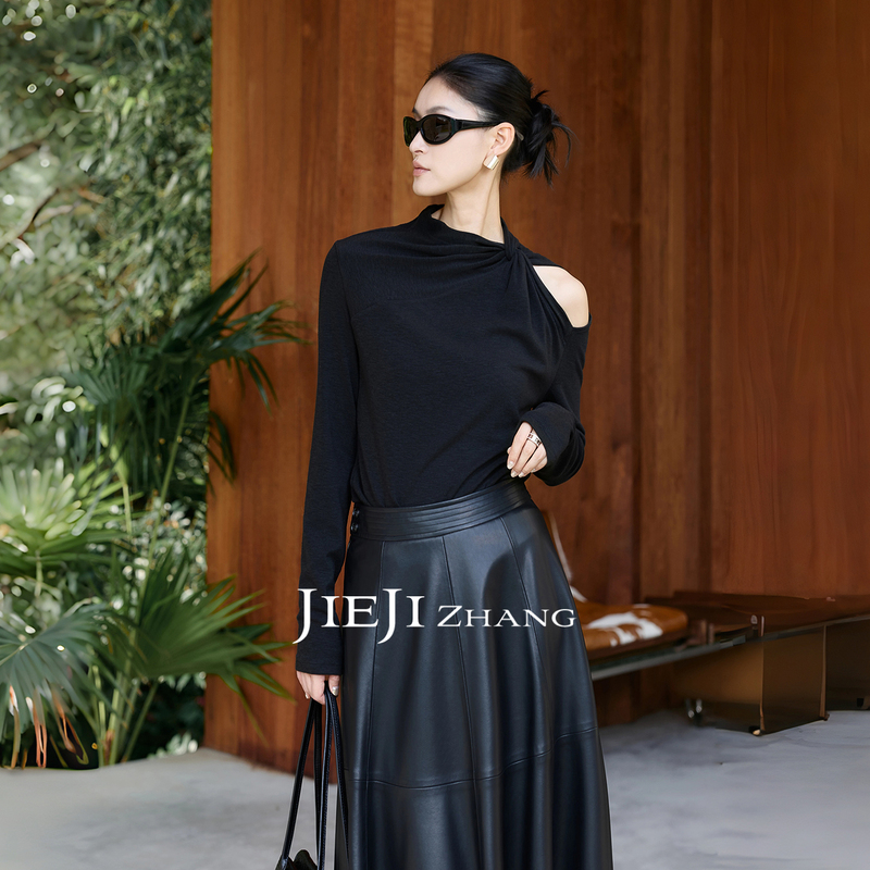 Zhang Qi Jieji【Poetry on the Shoulder】Simple Hollow Out One-Shoulder Base Layer Top Black Long-Sleeve T-Shirt
