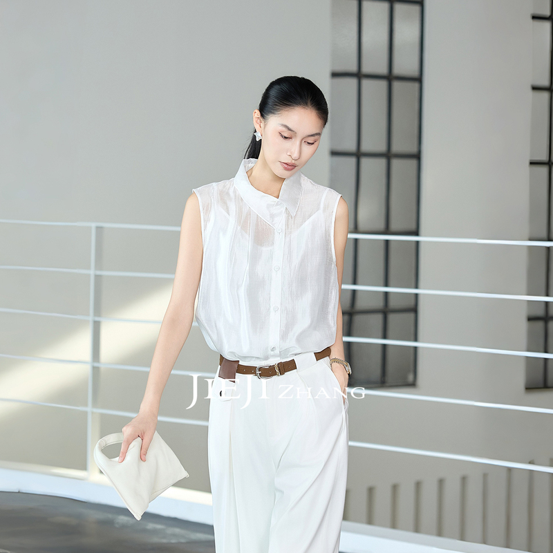 Zhang Qi Jieji Zhang【Cloud Glimmer】Lyocell Top Two-Piece Set with Lapel Commuter Sleeveless Shirt