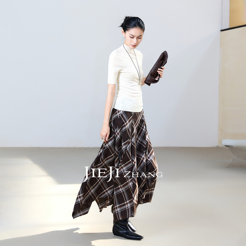 Zhang Qi Jieji Zhang【Twilight Rhythm】Autumn Brown Plaid Skirt High-Sense Irregular Midi Skirt Zhang Qi Jieji Zhang【Twilight Rhythm】Autumn Brown Plaid Skirt High-Sense Irregular Midi Skirt