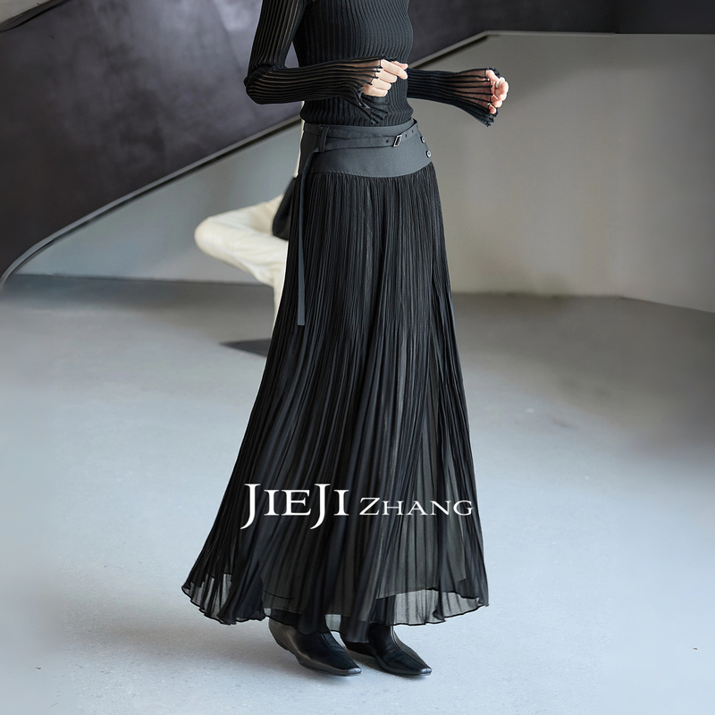 Zhang Qi Jieji Zhang【Rhythm of Ink Night】Autumn Black Pleated A-Line Skirt with Large Hem and Tulle Skirt for Women Zhang Qi Jieji Zhang【Rhythm of Ink Night】Autumn Black Pleated A-Line Skirt with Large Hem and Tulle Skirt for Women