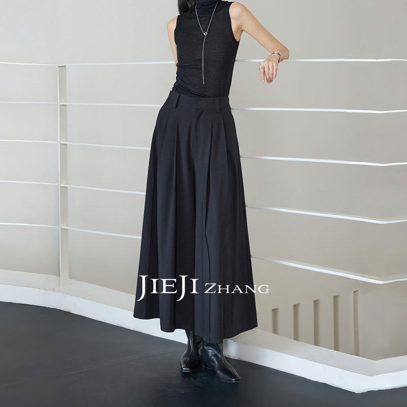 Zhang Qi Jieji Zhang【Flowing Umbrella】Black Wide-Leg Culottes for Petite Women, Straight-Leg Casual Pants Zhang Qi Jieji Zhang【Flowing Umbrella】Black Wide-Leg Culottes for Petite Women, Straight-Leg Casual Pants