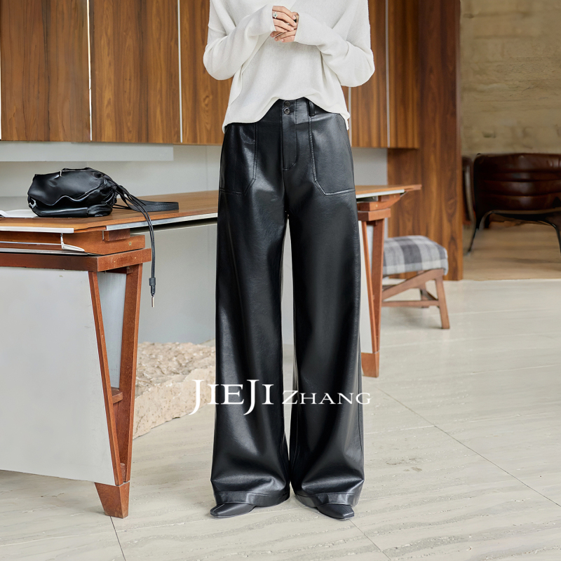 Zhang Qi Jieji Zhang【Starry Night Walk】Autumn Matte High-Waisted Leather Pants Pu Leather Black Straight-Leg Trousers