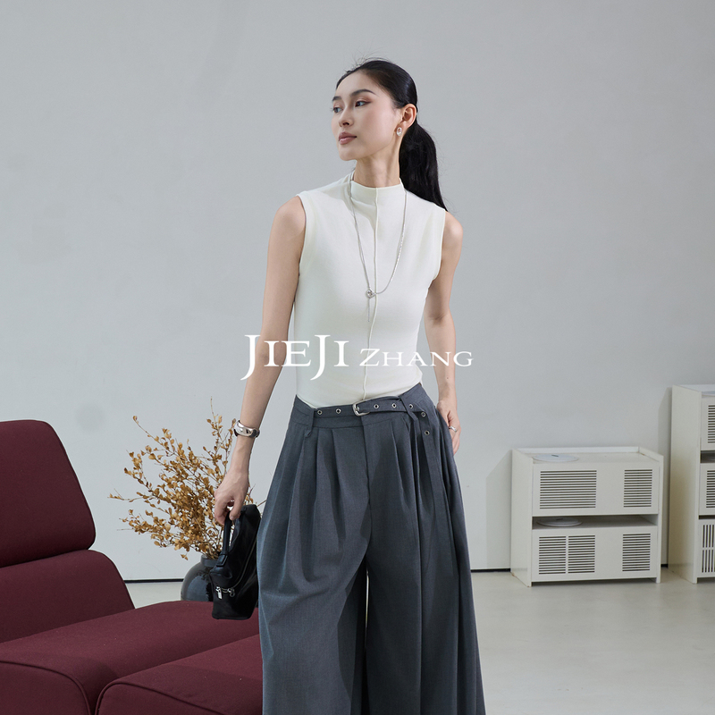 Zhang Qi Jieji【Beginner】Summer Minimalist Style Slim-Fit Top White Half-High Collar Sleeveless Elegant Tank Top for Women