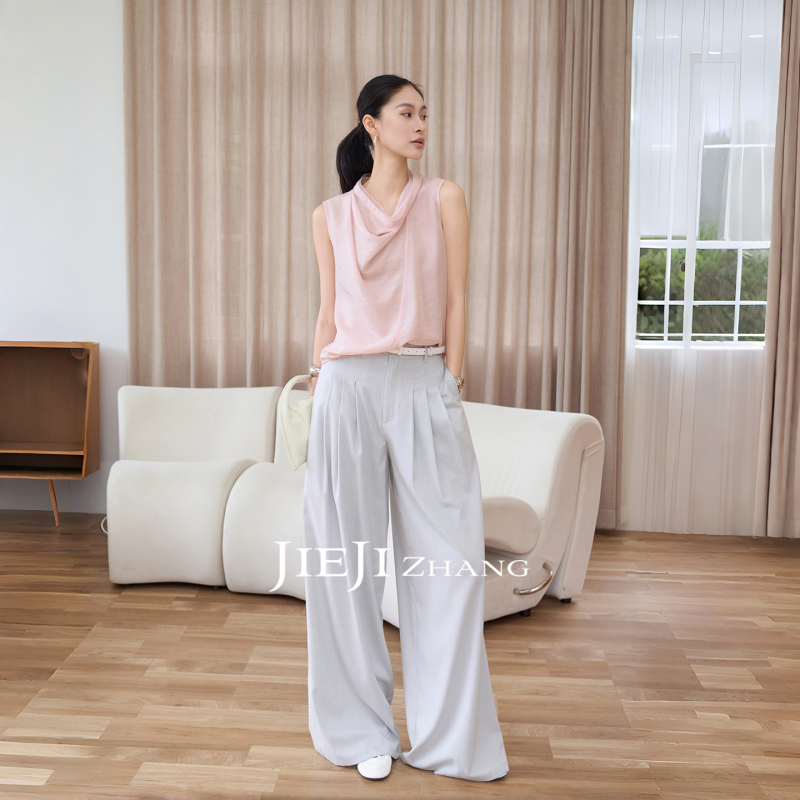 Zhang Qi Jieji Zhang【Taoxi Swing Collar】Mulberry Silk Pink Color-Enhancing Top with Swing Collar Sleeveless Vest for Women