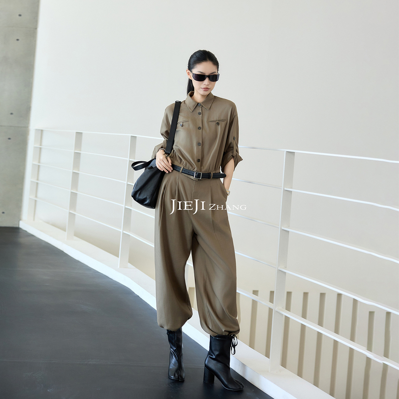 Zhang Qi Jieji Zhang【Lüxing】Autumn Lyocell Workwear Style Jumpsuit Vintage Scarf Shirt Set
