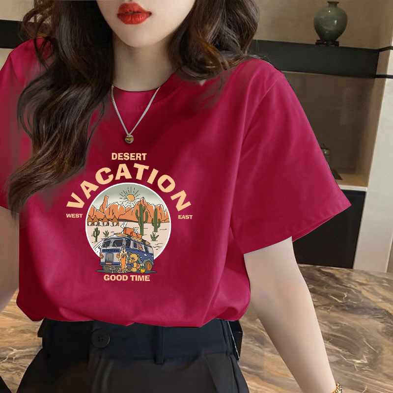 Rose Red Pure Cotton T-Shirt for Women, Short-Sleeved, 2026 Summer New European Style, Loose Fit, Round Neck, Regular Shoulder, Trendy Top