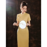 Летнее легкое элитное элегантное ретро желтое длинное ципао, коллекция 2023, светлый стиль, премиум класс