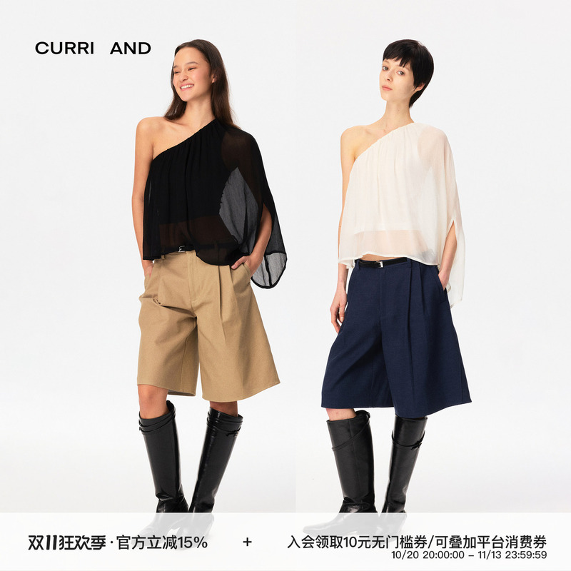 Curri and Cupro Silk Fabric Loose-Fitting Asymmetrical Shoulder Design Asymmetrical Hem Top Anti-Exposure Fake Two-Piece