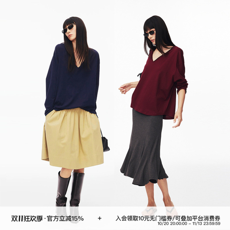 Curri and Cotton-Linen Reversible Rolled Hem Deep V-Neck Drop Shoulder Loose Stackable Long-Sleeve T-Shirt Top for Women Curri and Cotton-Linen Reversible Rolled Hem Deep V-Neck Drop Shoulder Loose Stackable Long-Sleeve T-Shirt Top for Women