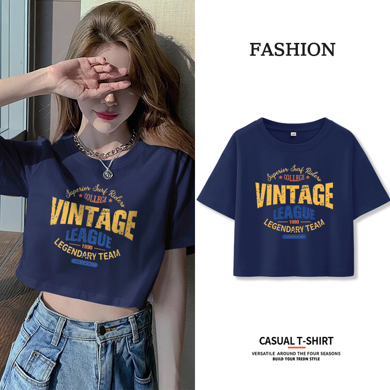 Sweet and Cool Style Spicy Girl Navy Blue Short-Sleeved T-Shirt for Women, Summer Petite Slimming Fashionable High-Waisted Short Top Sweet and Cool Style Spicy Girl Navy Blue Short-Sleeved T-Shirt for Women, Summer Petite Slimming Fashionable High-Waisted Short Top