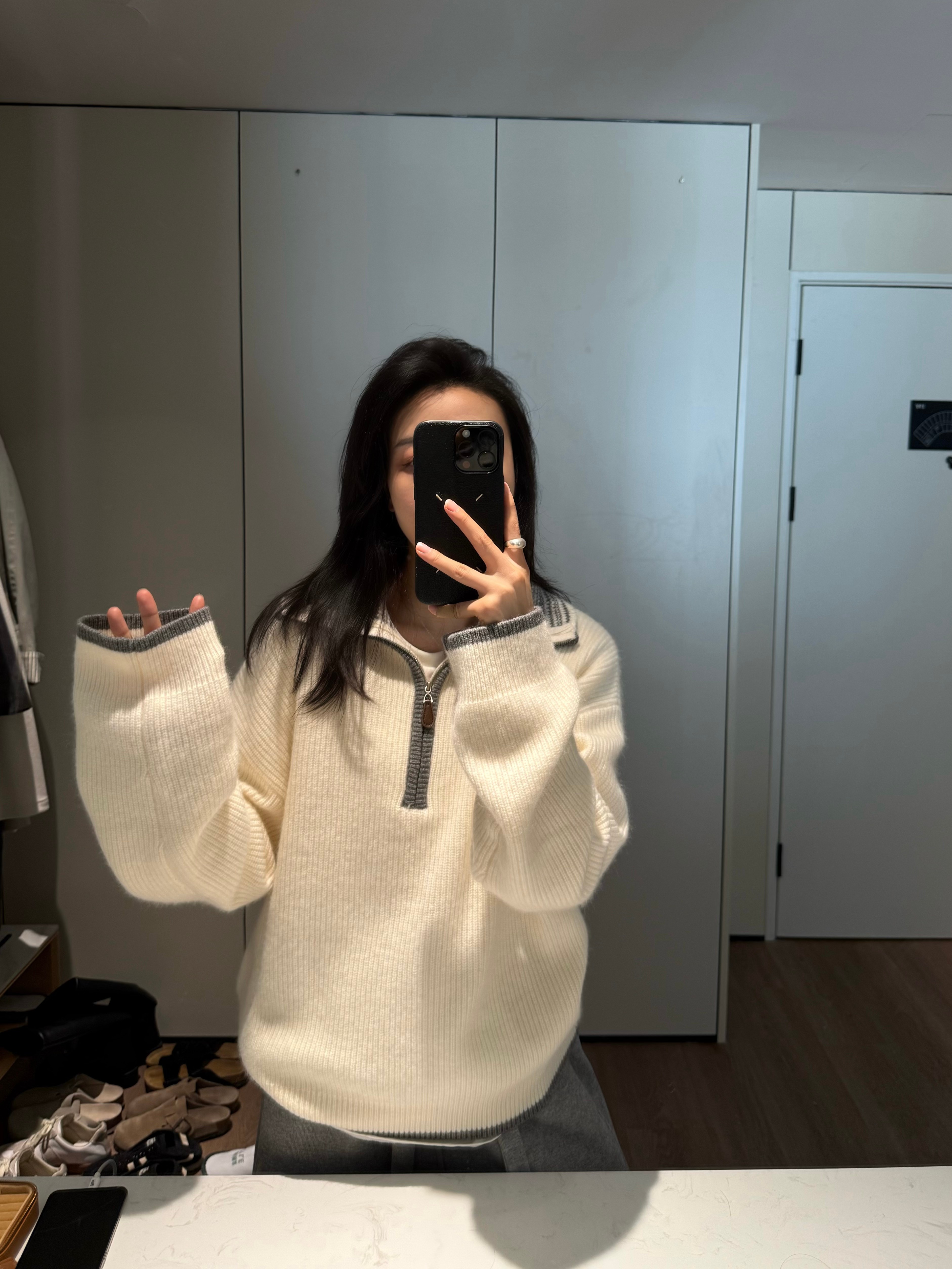 스탠드 칼라 하프 지퍼 스트라이프 배색 풀오버 보온 두꺼움 스웨터 여자 가을 겨울 상세 이미지 17