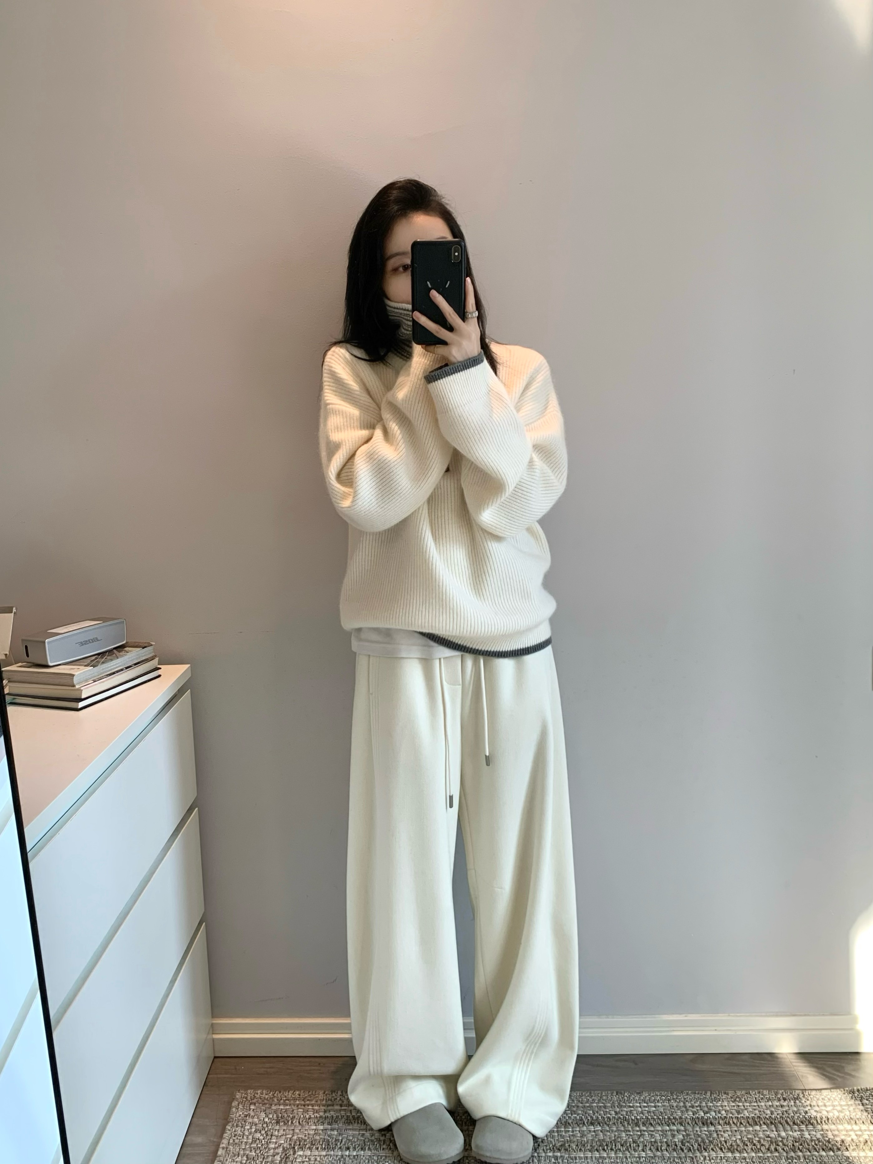 스탠드 칼라 하프 지퍼 스트라이프 배색 풀오버 보온 두꺼움 스웨터 여자 가을 겨울 상세 이미지 11