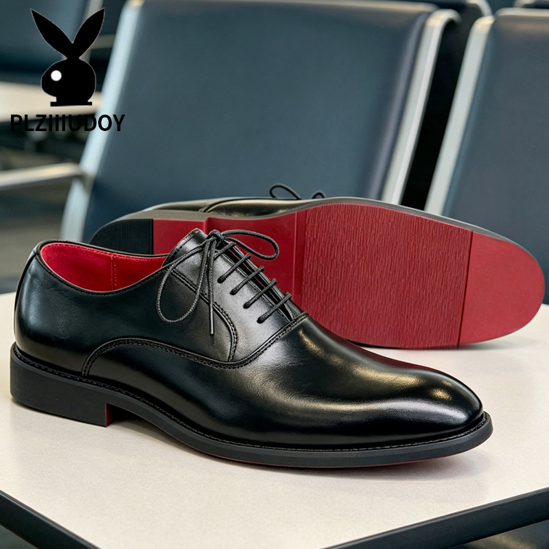 Men's Leather Shoes, New Spring and Autumn Style, Three-Joint Business Formal Shoes, Red Sole Black Leather Shoes, Height-Increasing Men's Shoes, Groom's Wedding Shoes