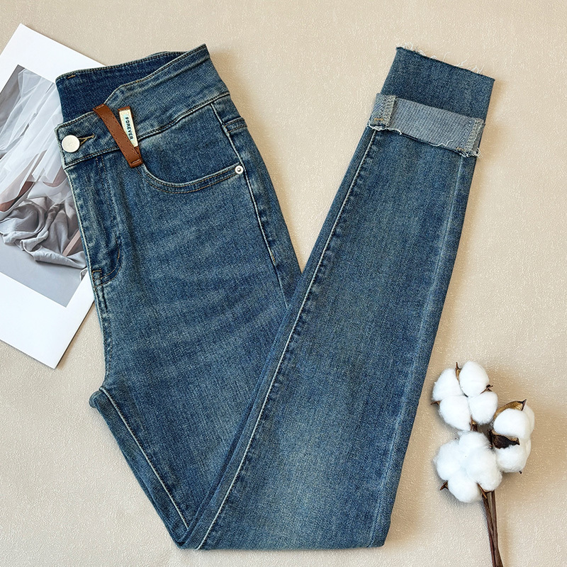 Spring and Autumn Blue Skinny Extended Jeans for Tall Women 175cm High Waist Slimming Stretchy Frayed Hem Pencil Pants