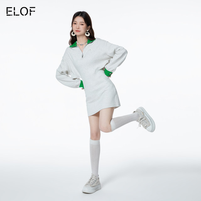 ELOF Casual POLO Collar Contrast Color Casual Sports Style Women's Dress 2024 Early Spring New Waist Slim Shirt Shirt Dress