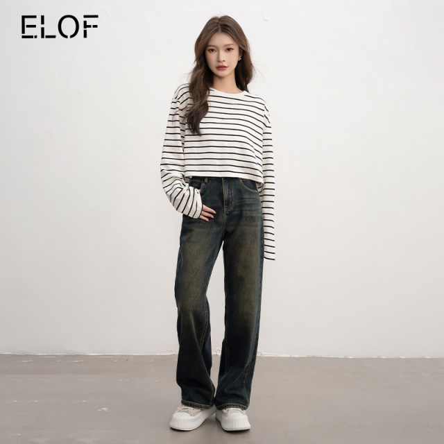 ເສື້ອຍືດແຂນຍາວ ELOF Striped ຂອງແມ່ຍິງ 2024 ໃຫມ່ພາກຮຽນ spring Casual Striped Bottoming Shirt ເສື້ອທີເຊີດຝ້າຍແບບຕາເວັນຕົກ