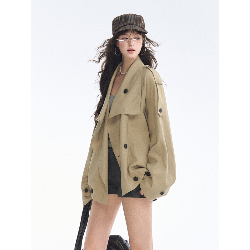 Asgony Simple Large Lapel Loose Double-Breasted Jacket Trench Coat Loose Casual Daily Commute Short Coat