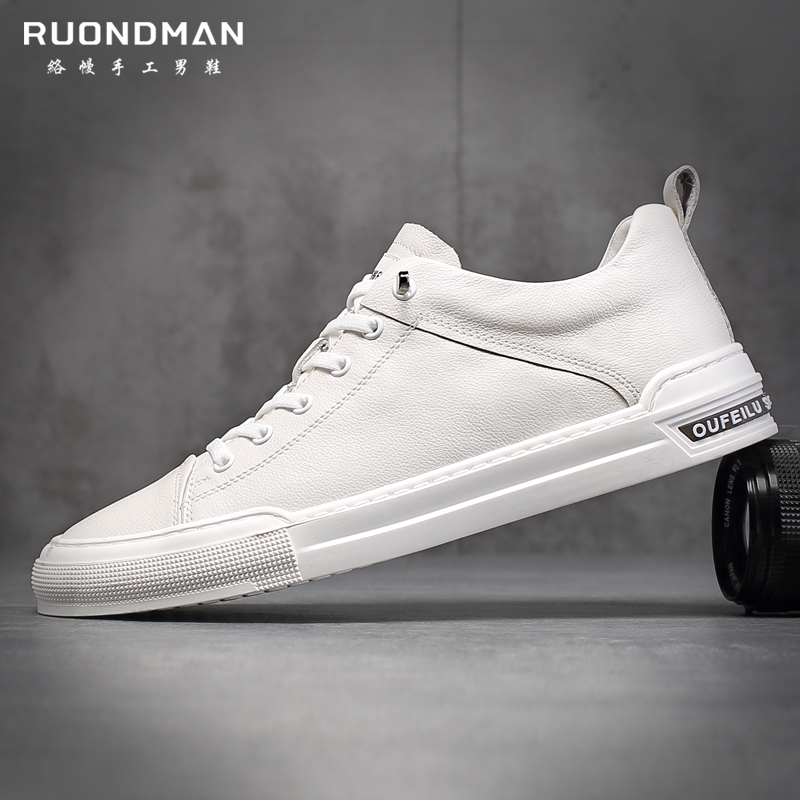 RUONDMAN casual leather small white shoes men's new Korean version all-match flat bottom shoes youth trend handmade men's shoes