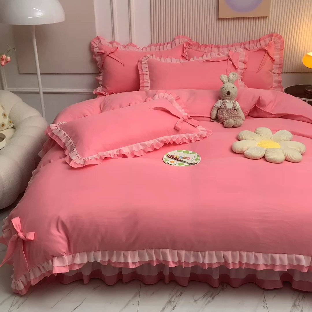Net red cotton princess wind lace bed skirt four-piece girl heart cotton sheets bow quilt bedding