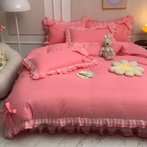 Net Red All-cotton Princess Wind Lace Bedside Bed Skirt 4 pieces Girl Hearts Pure Cotton Linen Butterfly Knot Bedding bedding