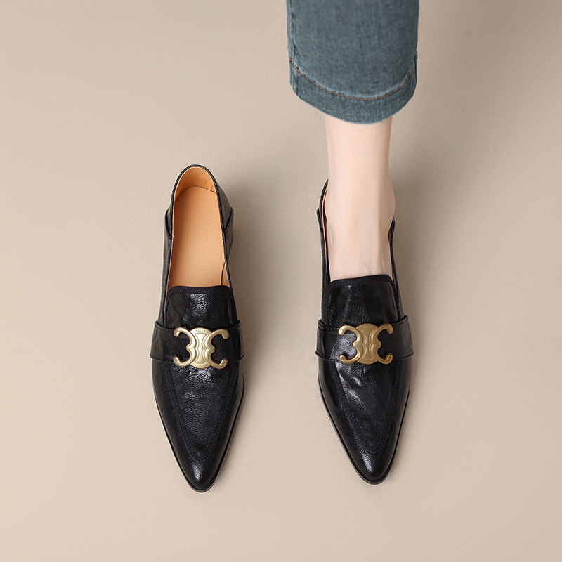 [Italy~Kalen·Oli] Square-Toe Chunky-Heeled Shoes, Retro British Style Small Leather Shoes, Genuine Leather with Added Velvet a