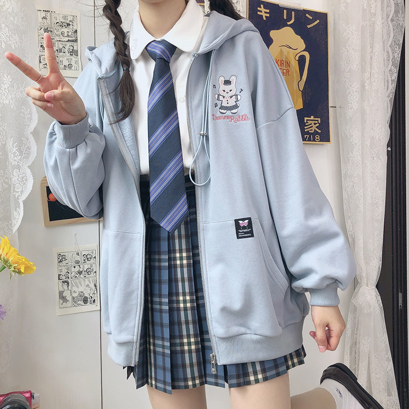 (Music Rabbit) JK original autumn and winter warm hooded loose long-sleeved thick cotton T cardigan between feet and feet