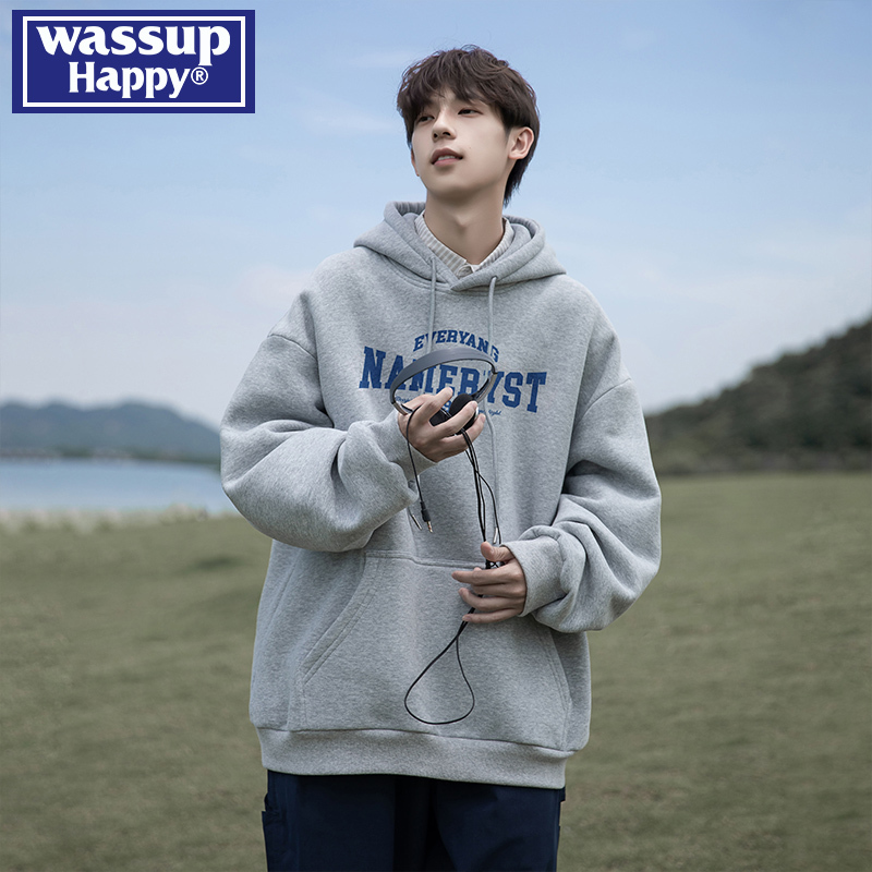 Wassup Happy American Retro Hooded Sweatshirt for Men, Spring and Autum Trendy Versatile Base Shirt, Couple's Jacket Wassup Happy American Retro Hooded Sweatshirt for Men, Spring and Autum Trendy Versatile Base Shirt, Couple's Jacket